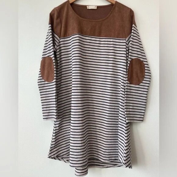 Altar'd State Stretch Cotton Striped Dress with Brown Faux Suede Accents - Picture 1 of 6